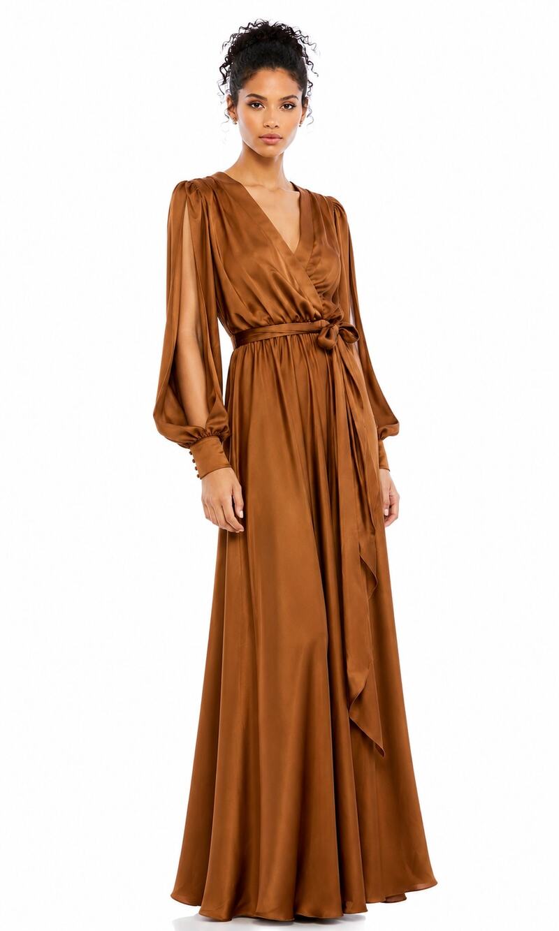 Mac Duggal NWT Bishop Sleeve High Slit Dress Bronze Copper Size 2 *Sample Piece*